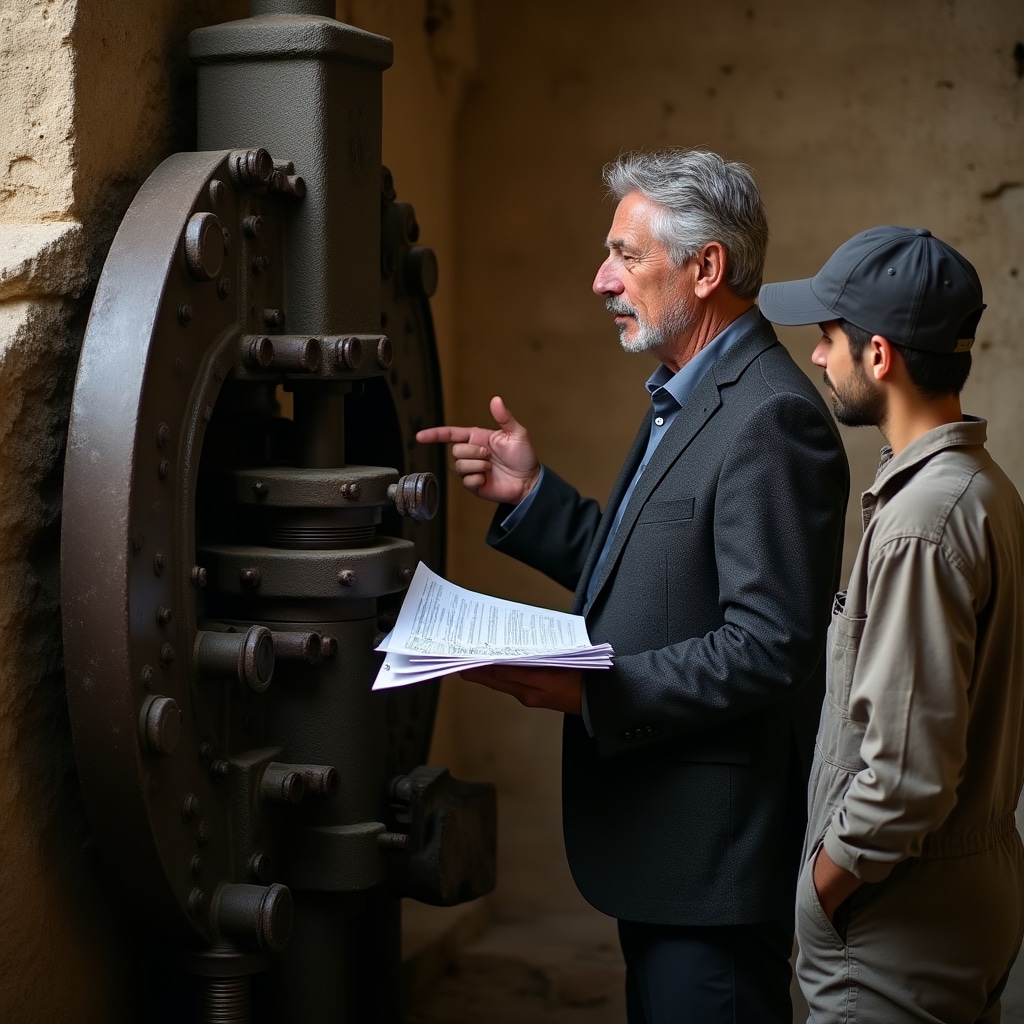 Consulente esperto durante sopralluogo tecnico in frantoio con impianto di lavorazione