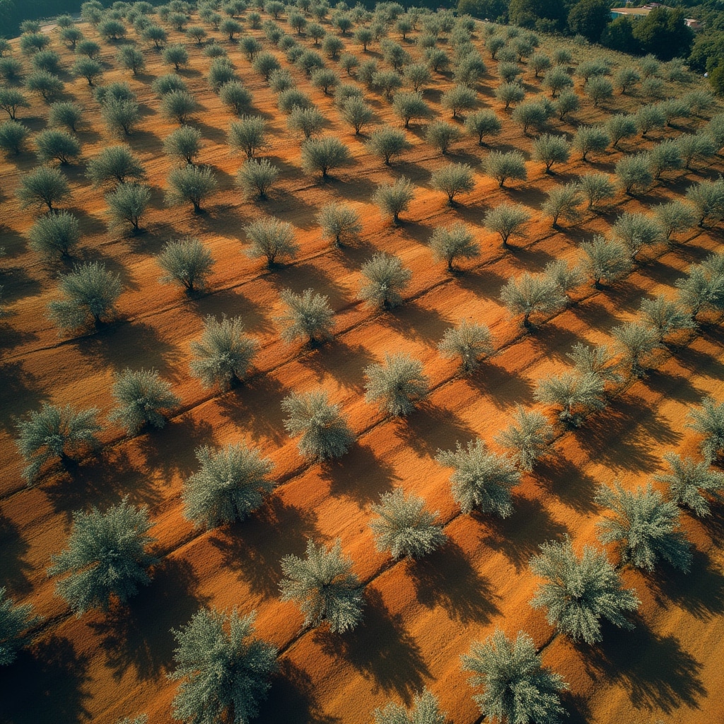Vista aerea di uliveto italiano in collina con filari ordinati di ulivi
