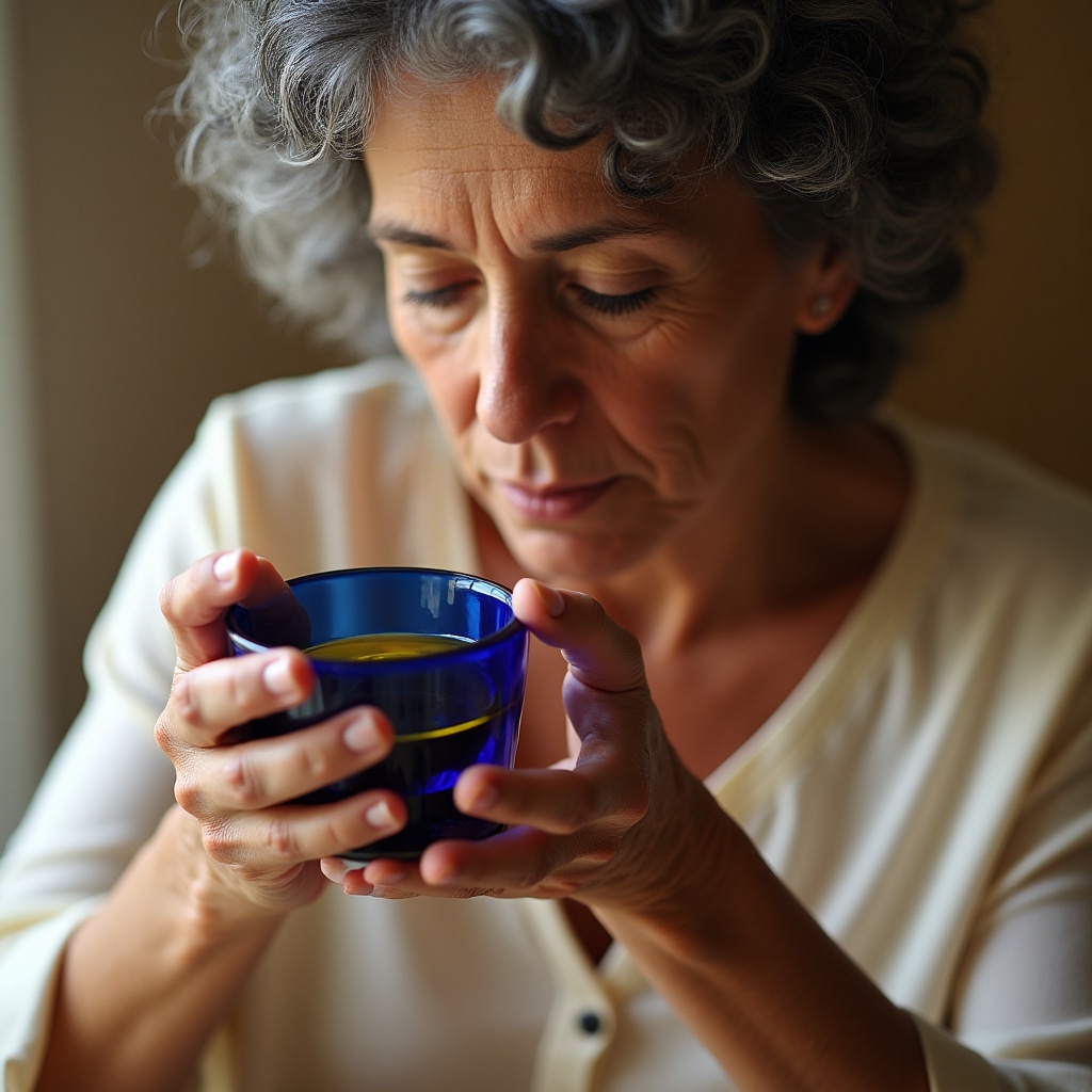 Degustazione professionale olio extravergine con bicchiere da assaggio blu cobalto