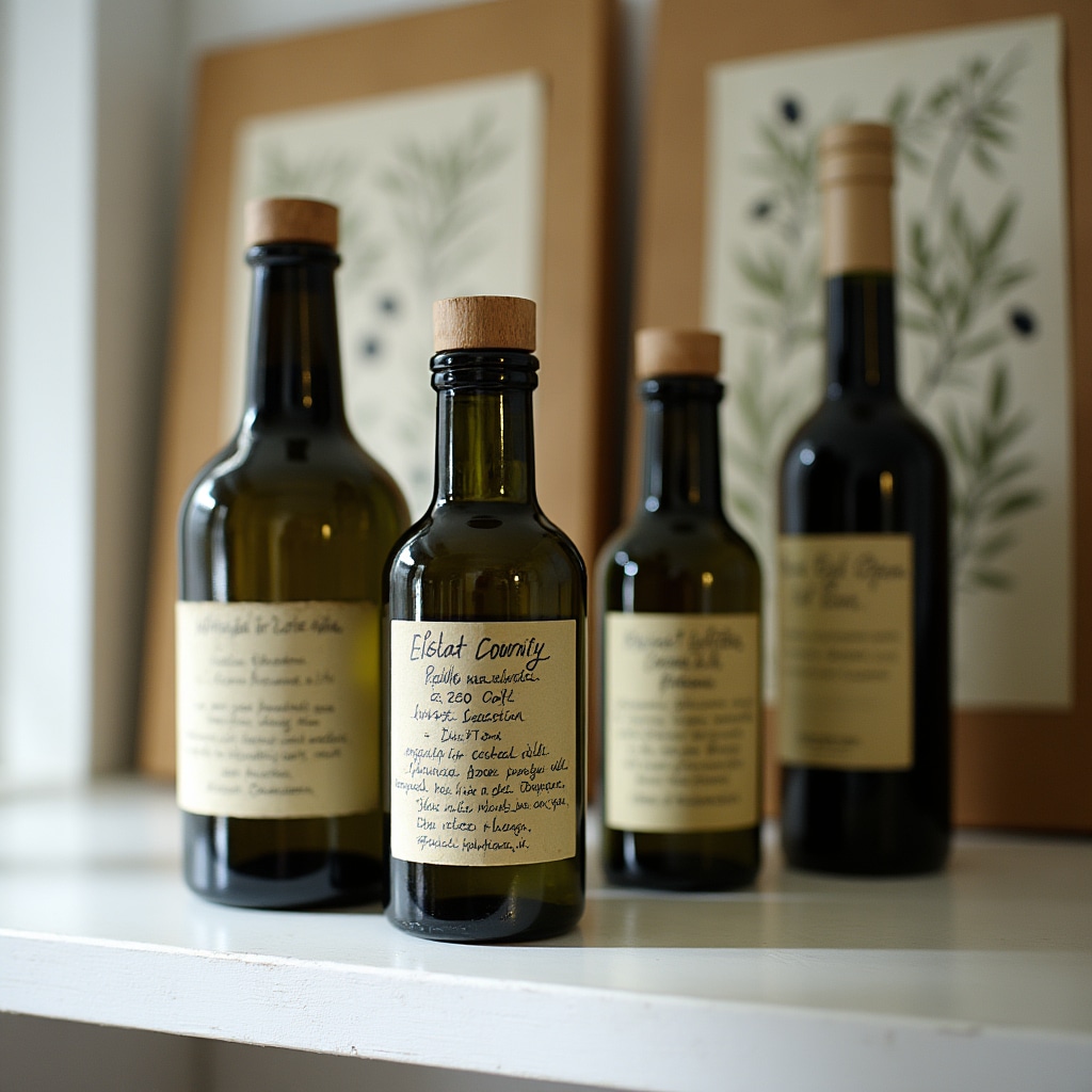 Campioni di olio extravergine in bottiglie su scaffale in ufficio consulenza olearia